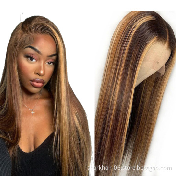 Top Quality Highlight Color 4/27 Dark Brown Virgin Human Hair Lace Front Bob Wig Bleached Knots With Baby Hair